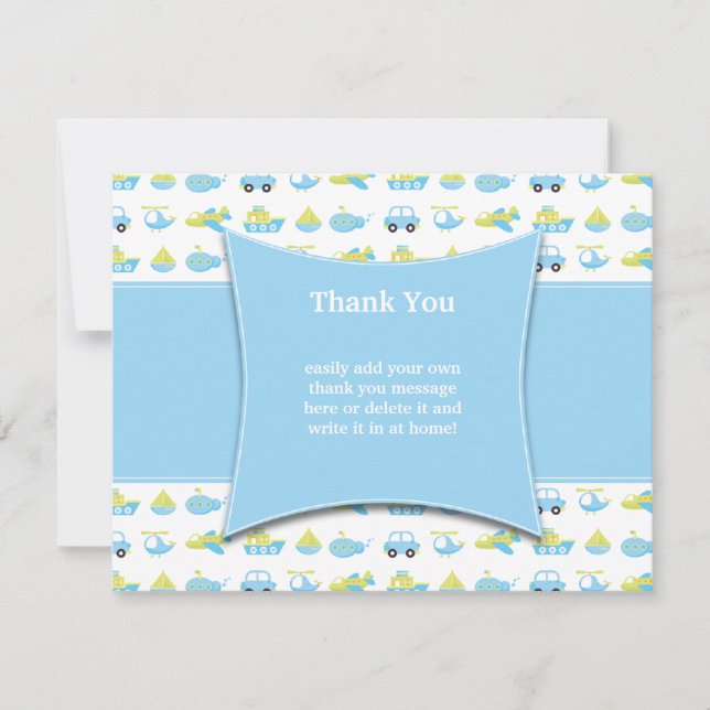 Niedliche blaue Jungs Reisezeit Dank Flachkarte Einladung (Vorderseite)