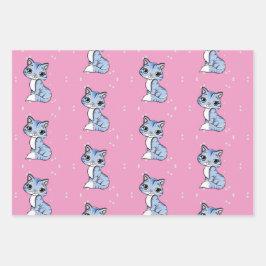 niedliche blaue Katze auf rosa Geschenkpapier Set