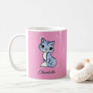 Niedliche blaue Katze auf rosa individuelle Name Kaffeetasse