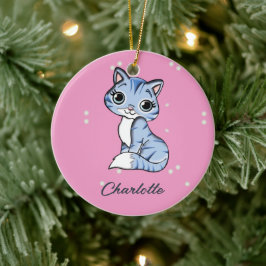 Niedliche blaue Katze auf rosa individuelle Name Keramik Ornament