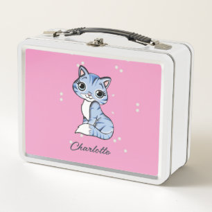 Niedliche blaue Katze auf rosa individuelle Name Metall Brotdose