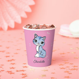 Niedliche blaue Katze auf rosa individuelle Name Pappbecher