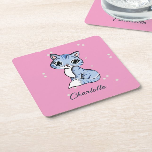 Niedliche blaue Katze auf rosa individuelle Name Rechteckiger Pappuntersetzer (angewinkelt)