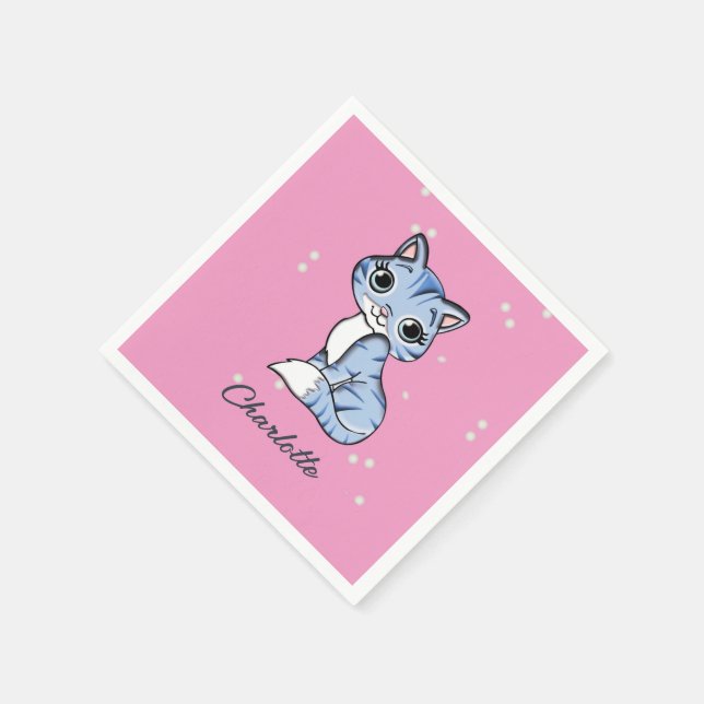 Niedliche blaue Katze auf rosa individuelle Name Serviette (Ecke)