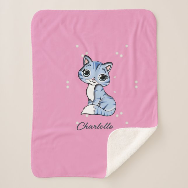 Niedliche blaue Katze auf rosa individuelle Name Sherpadecke (Vorderseite)