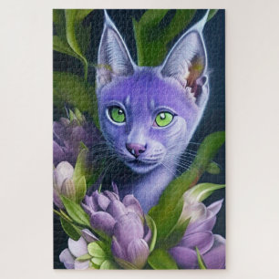 Niedliche blaue Katze in violetten Blumen Puzzle
