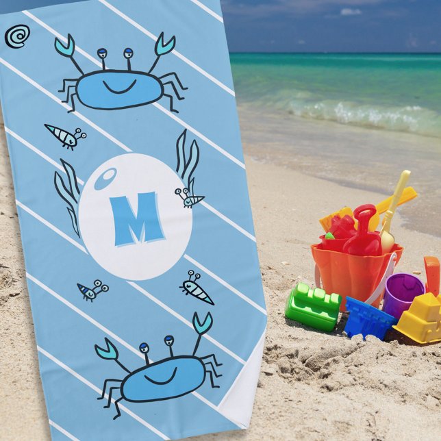 Niedliche Blaue Krebstiere Kids Monogram Beach Tow Strandtuch (Von Creator hochgeladen)