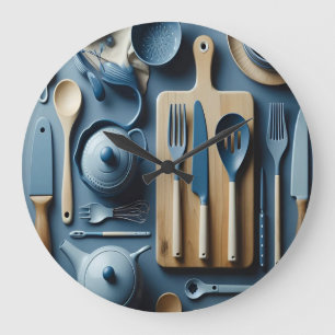 Niedliche blaue Küche Utensitic Tapete Große Wanduhr