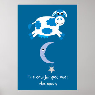 Niedliche blaue Kuh sprang über den Mond Poster