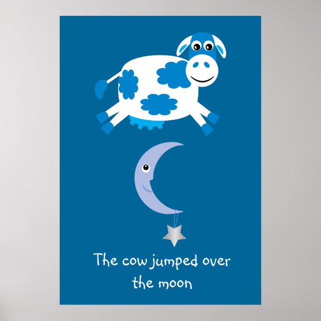 Niedliche blaue Kuh sprang über den Mond Poster (Vorne)