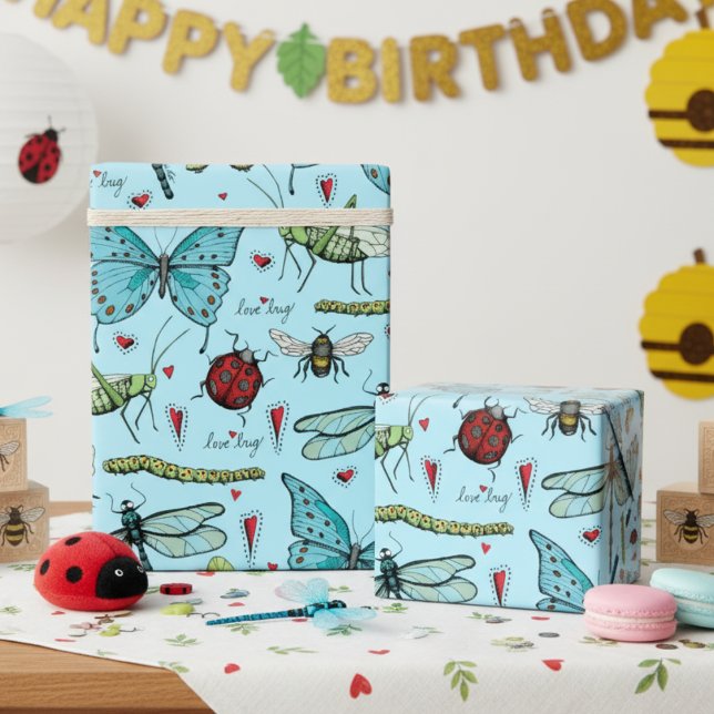 Niedliche Blaue Liebe Bug Insekten für Bug Lovers Geschenkpapier (Cute Bugs Insects Wrapping Paper for Kids in Blue. Butterflies, Dragonflies, Ladybugs, Bees, Worms)