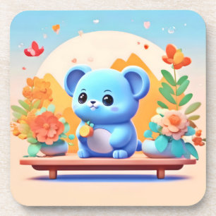 Niedliche blaue Maus mit Blume Getränkeuntersetzer