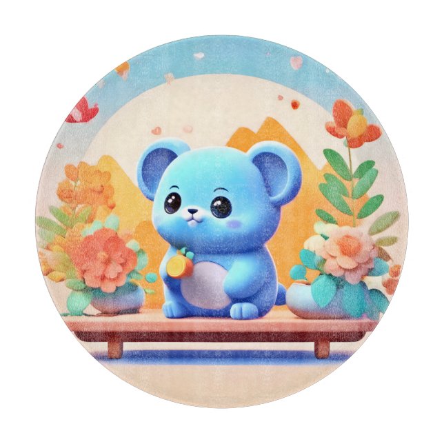Niedliche blaue Maus mit Blume Schneidebrett (Vorderseite)