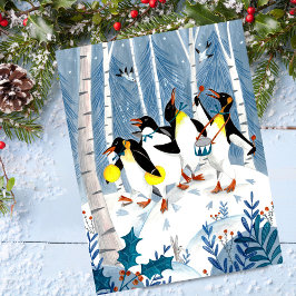 Niedliche blaue Musiker Pinguine Schnee Spaß Ferie Feiertagspostkarte