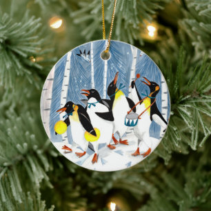 Niedliche blaue Musikpinguine Weihnachten Keramik Ornament