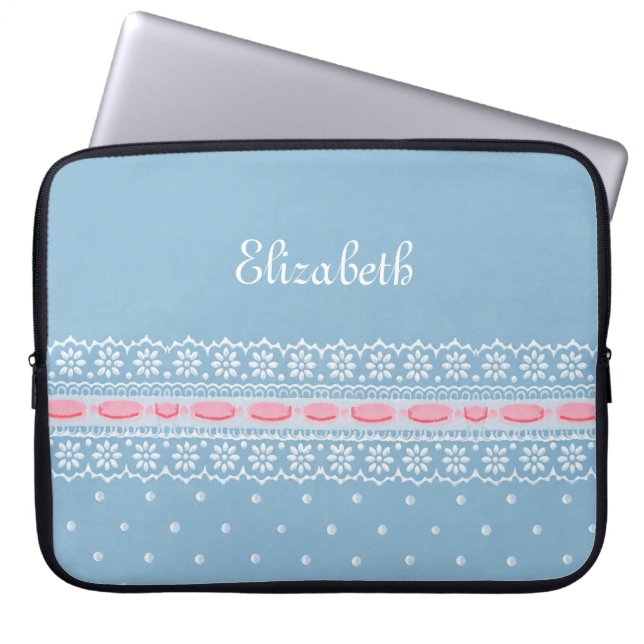 Niedliche blaue Polka Dots Girly-Pink-Spitze mit N Laptopschutzhülle (Vorderseite)