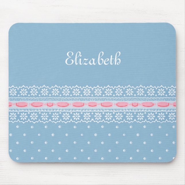 Niedliche blaue Polka Dots Girly-Pink-Spitze mit N Mousepad (Vorne)