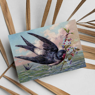 Niedliche Blaue Rote Schwalbe Und Hübsche Blumen Postkarte