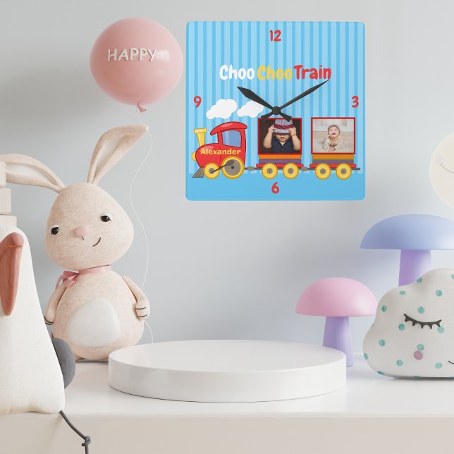 Niedliche Blaue Streifen Muster Spielzeugzug Boys  Quadratische Wanduhr (Von Creator hochgeladen)