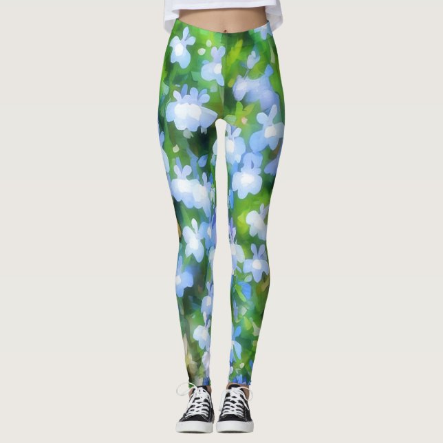 Niedliche Blauer Blumen Blumenbeete Wasserfarben L Leggings (Vorderseite)