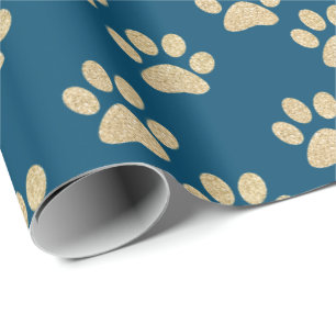 Niedliche Blauer und Gold Glitzer Paw Prints Haust Geschenkpapier