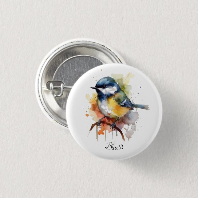 Niedliche Blaumeise auf einem Ast, individuell anp Button (Vorne & Hinten)