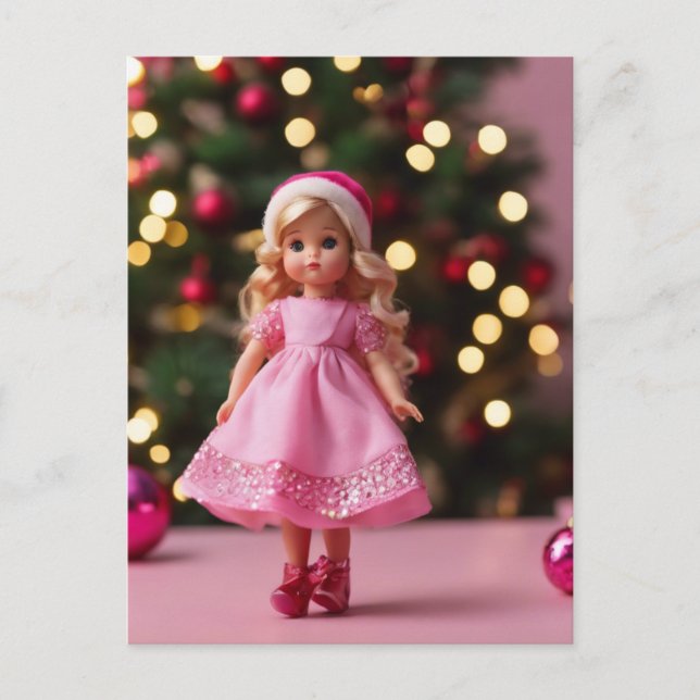 Niedliche Blond Doll in Pink Weihnachten Postkarte (Vorderseite)
