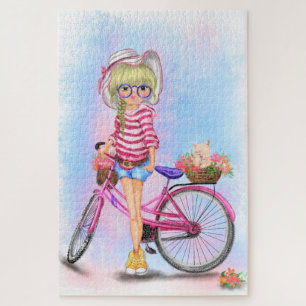 Niedliche Blonde Girl and Pink Bike Fun Cat in Blu Puzzle