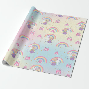 Niedliche Blonde Princess und Unicorn Rainbow Birt Geschenkpapier
