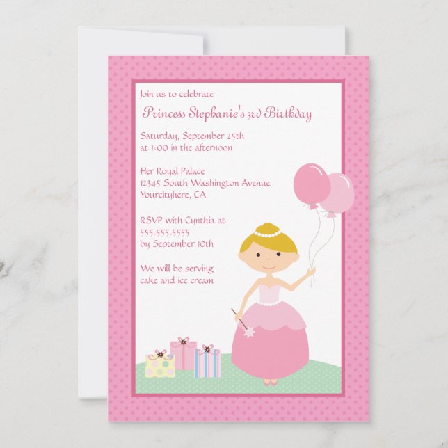 Niedliche blonde Prinzessingeburtstags-Party Einladung (Vorderseite)