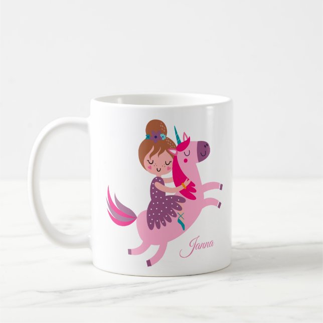 Niedliche Blondie-Hair-Girl-Reiten auf einem Einho Kaffeetasse (Links)