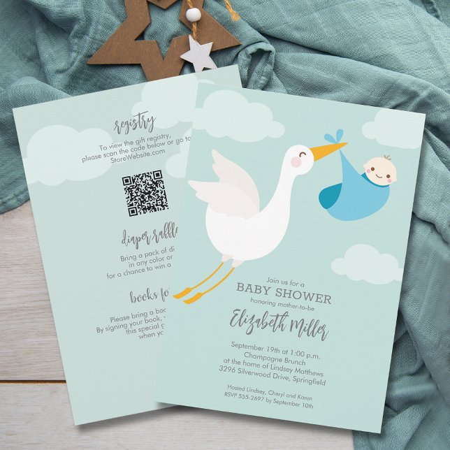 Niedliche Blue Bundle Stork Baby Dusche in einem Einladung (Cute Blue Bundle Stork Boy Baby Shower All In One Invitations, registry QR Code & more on the back)