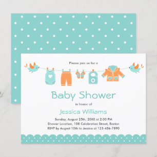 Niedliche Blue Orange Kleidung   Boy Baby Dusche Einladung