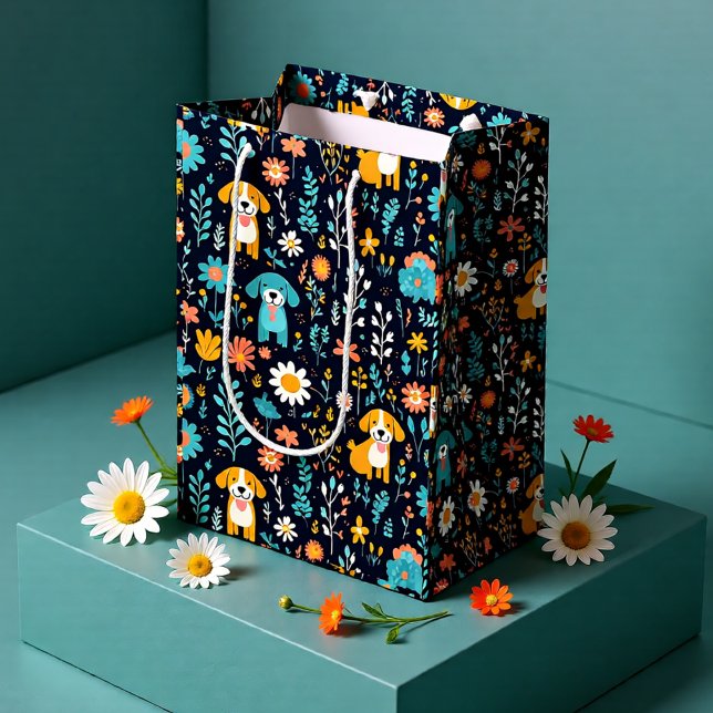 Niedliche Blue Puppy-Blume Mittlere Geschenktüte (Cute Puppy Floral Pattern Dog Lover Medium Gift Bag)