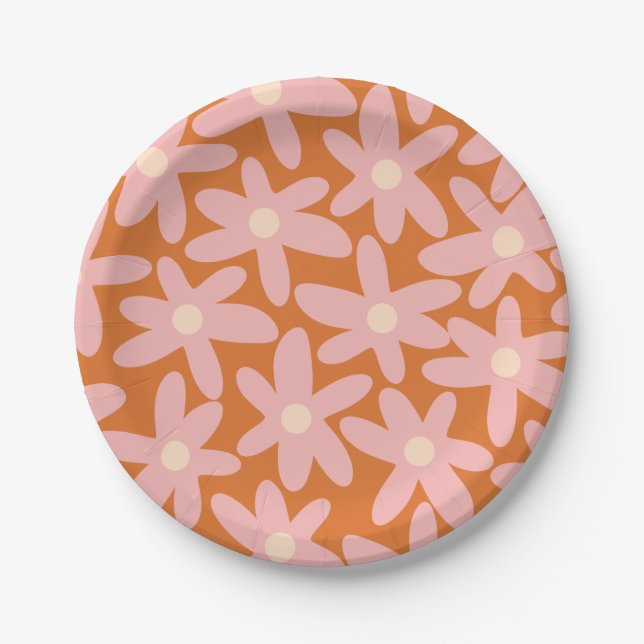 Niedliche Blume Blumenmuster in Orange und Pink Pappteller (Vorderseite)