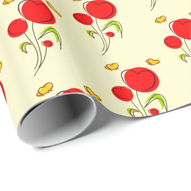 Niedliche Blume des Roten Herzens und Gelbe Schmet Geschenkpapier (Rolleneckpunkt)