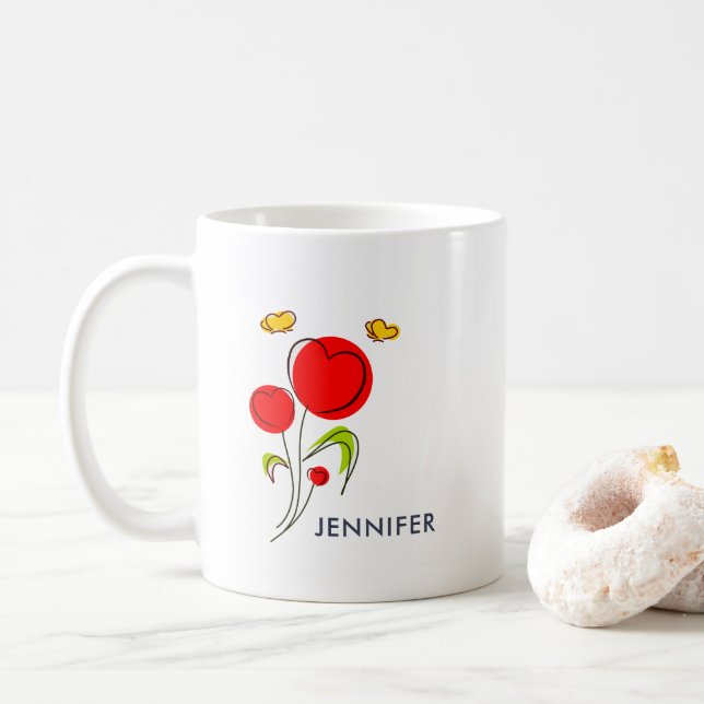 Niedliche Blume des Roten Herzens und Gelbe Schmet Kaffeetasse (Mit Donut)