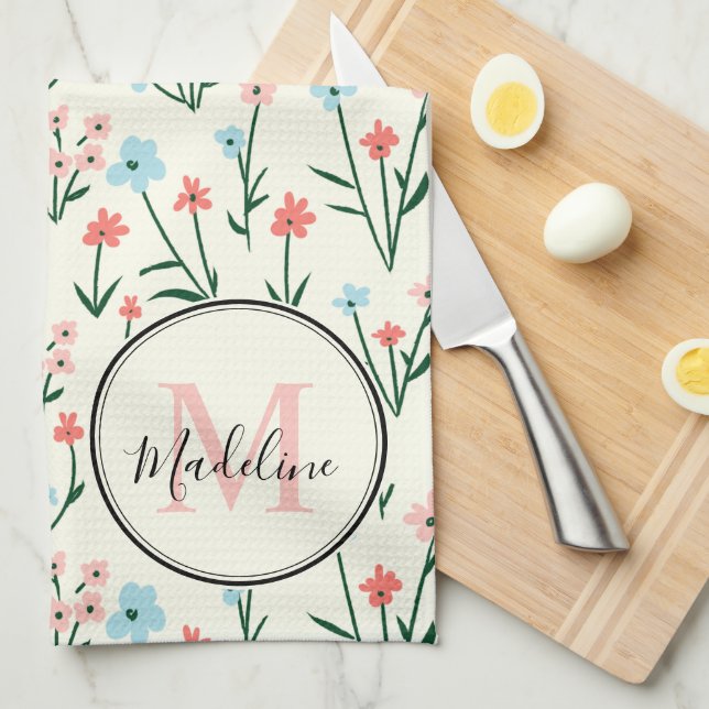 Niedliche Blume Elfenbeinweiße Elegante Rosa Monog Geschirrtuch (Viertel Falte)