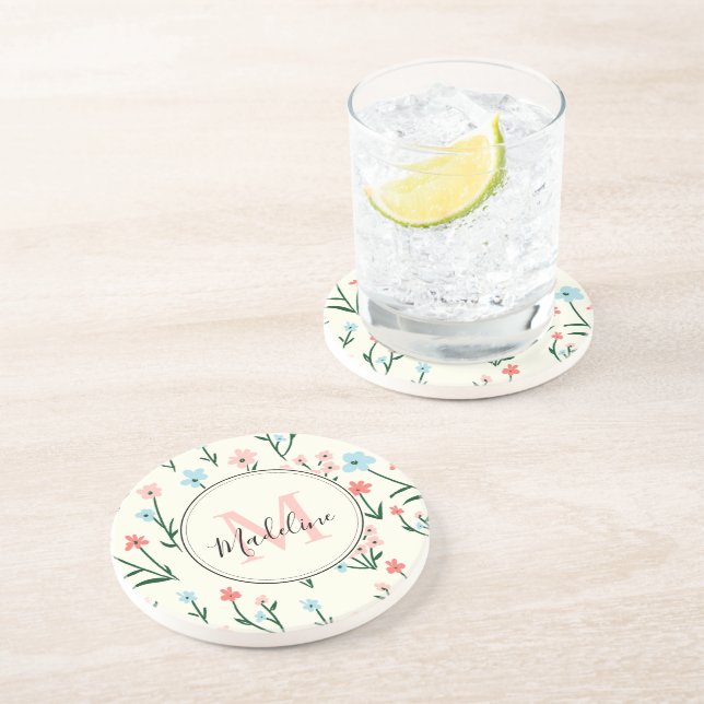 Niedliche Blume Elfenbeinweiße Elegante Rosa Monog Getränkeuntersetzer (Seite)