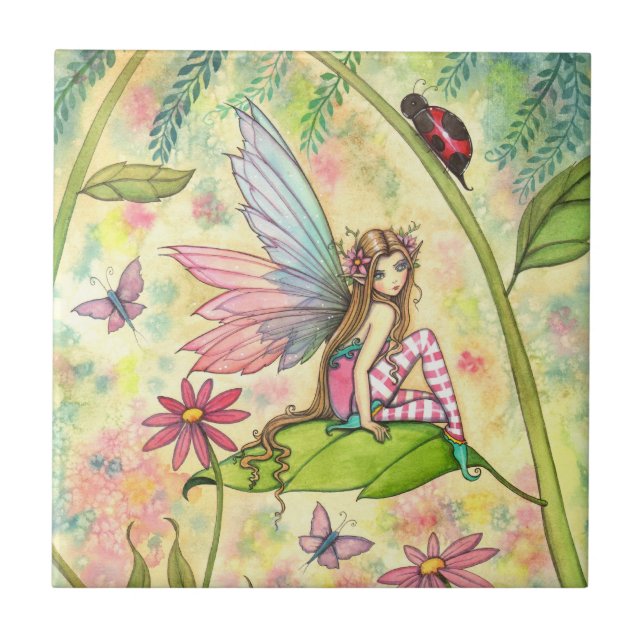Niedliche Blume Fairy and Ladybug Fantasy Art Fliese (Vorderseite)
