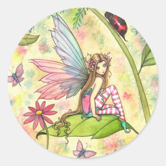 Niedliche Blume Fairy and Ladybug in Garden Runder Aufkleber (Vorderseite)