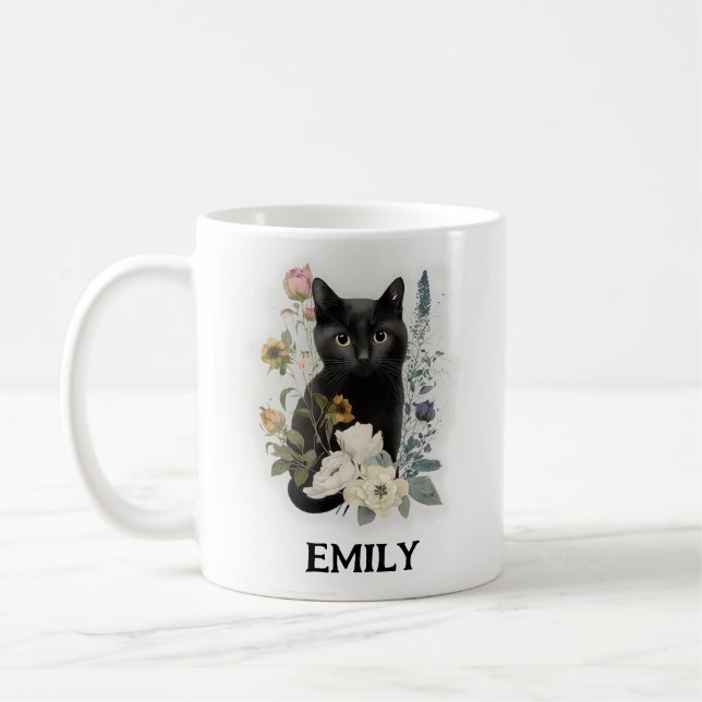 Niedliche Blume für die schwarze Katze Name Kaffeetasse (Links)