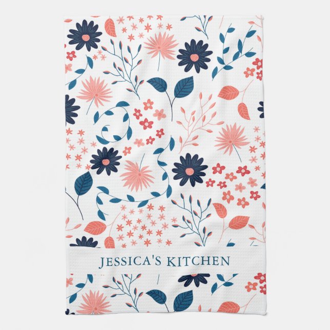 Niedliche Blume in Rosa und Dunkelblau Geschirrtuch (Vertikal)