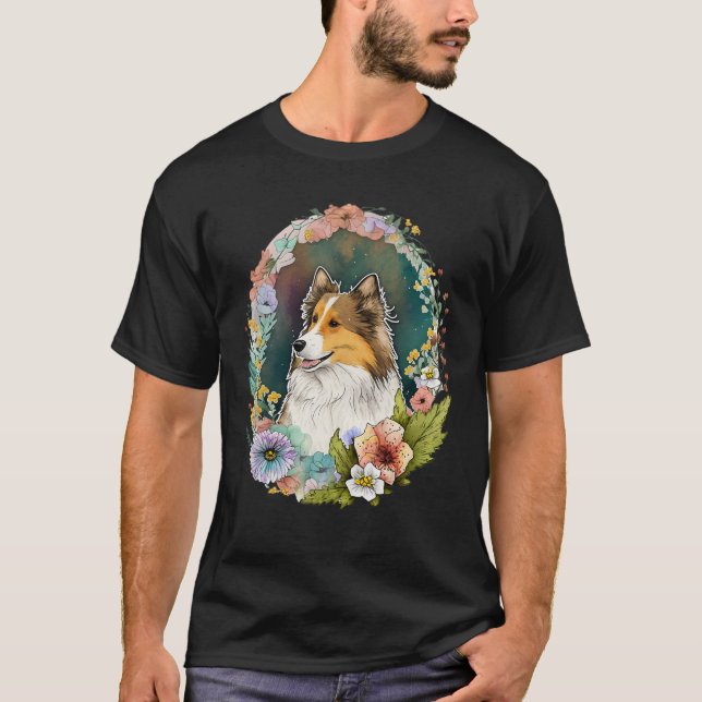 Niedliche Blume Sheltie Sommer Floral Shetland She T-Shirt (Vorderseite)