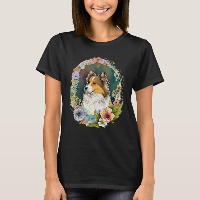 Niedliche Blume Sheltie Sommer Floral Shetland She T-Shirt (Vorderseite)