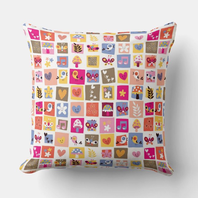 niedliche Blumen, Vögel, Herzen quadriert Muster Kissen (Vorderseite)