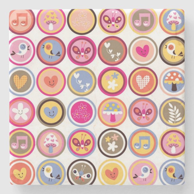 niedliche Blumen, Vögel, Herzmuster Steinuntersetzer (Vorderseite)