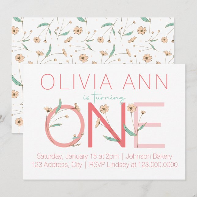 Niedliche Blumenbehandlungen zum ersten Geburtstag Einladung (Vorne/Hinten)