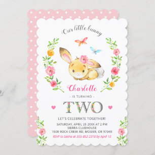Niedliche Blumenbunny Girls 2. Geburtstagsparty Einladung
