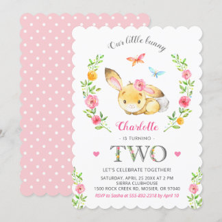 Niedliche Blumenbunny Girls 2. Geburtstagsparty Einladung